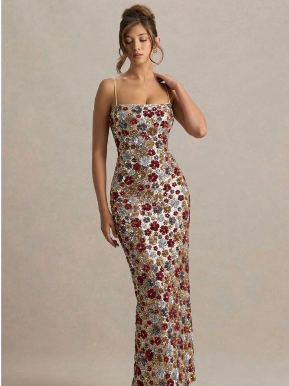 Red Floral Embellished Sequin Square-Neck Maxi Dress